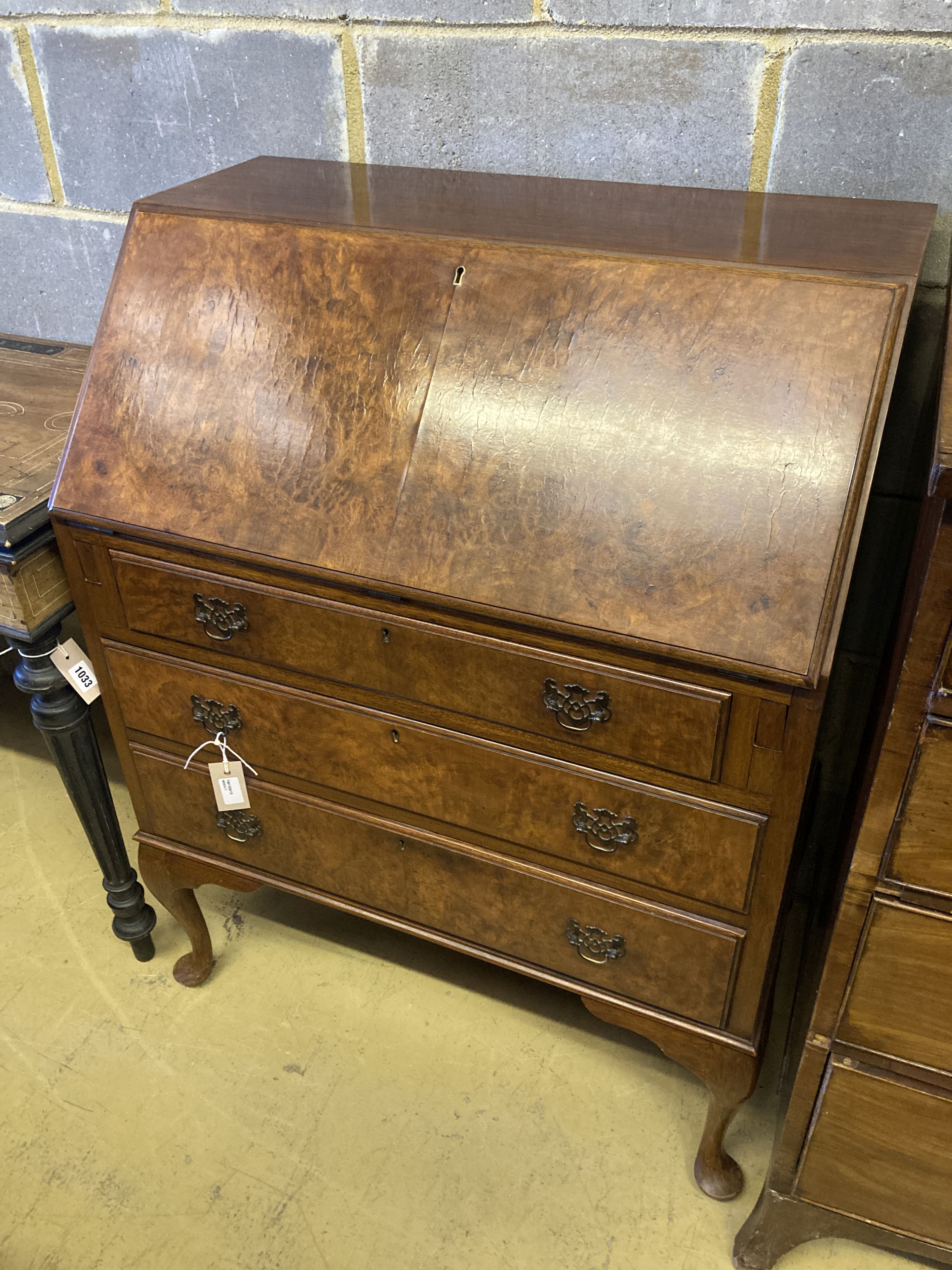 A Queen Anne style burr walnut bureau, width 76cm, depth 46cm, height 100cm